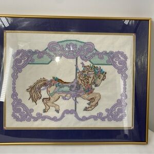 Framed Carousel Horse cross stitched Art